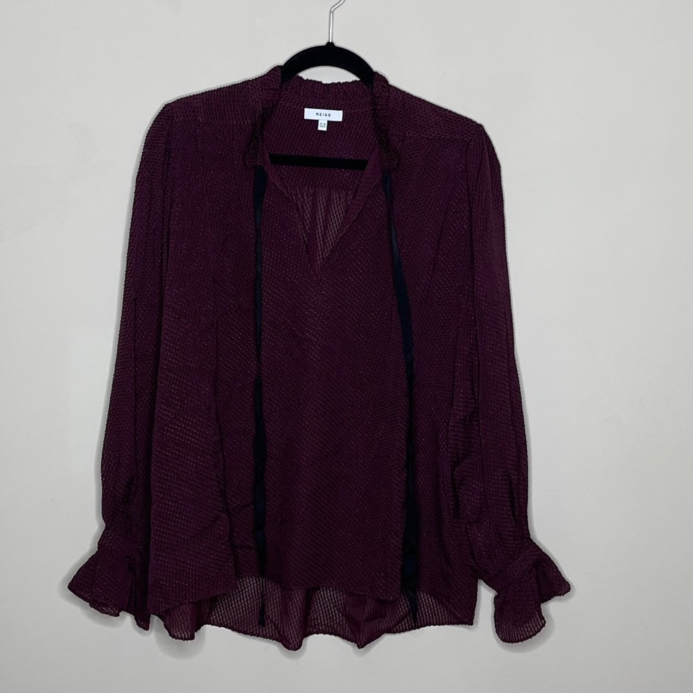 REISS Silk Blouse Long Sleeve Burgundy